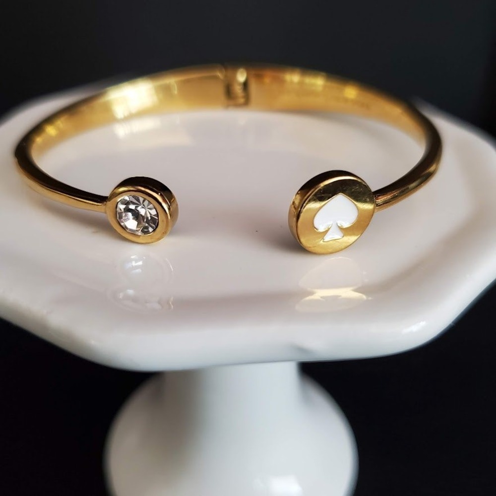 Kate Spade Spot the Spade Open Cuff Gold Plated White Enamel Clear Crystal